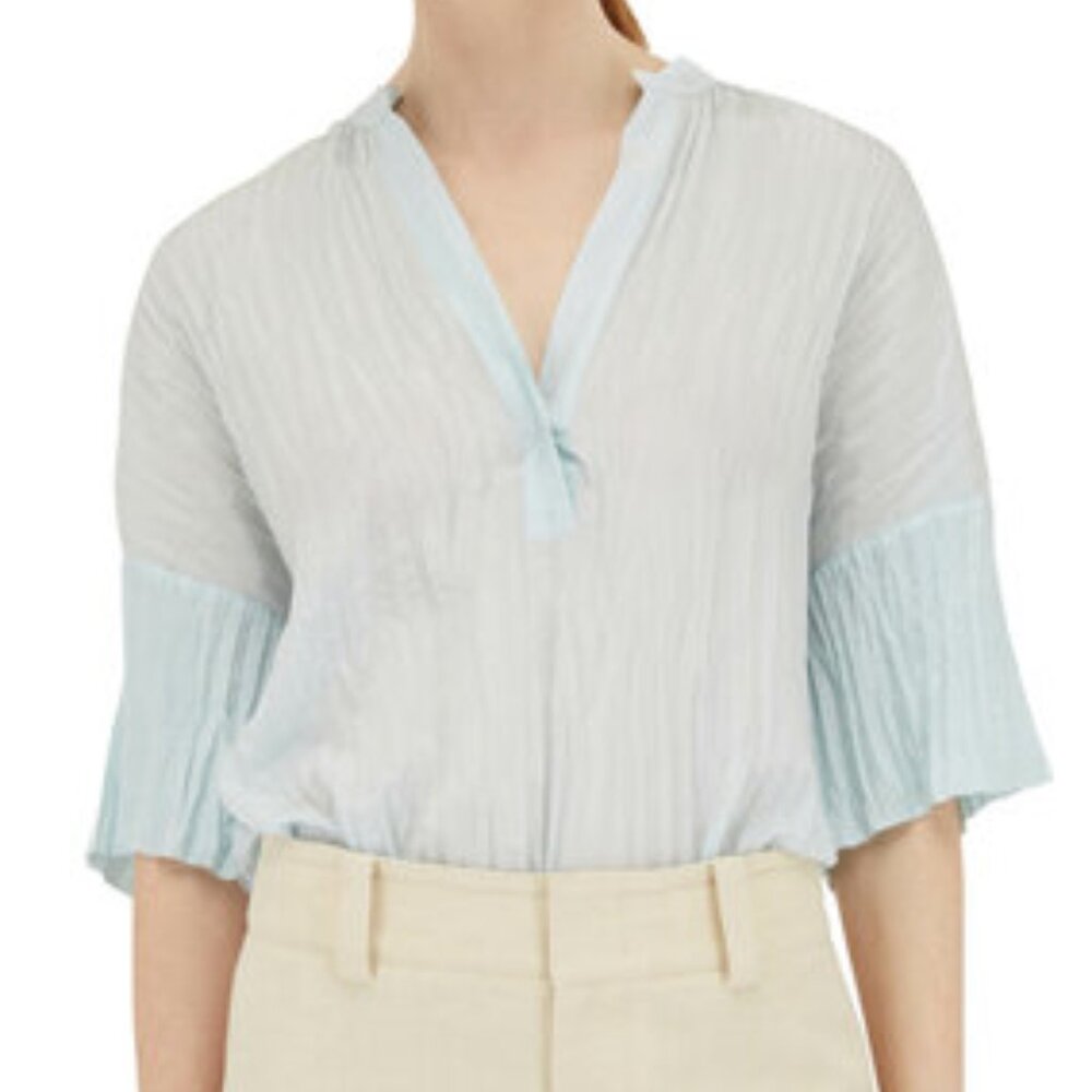 Vince Crushed Band Collar Silk Blouse Sky